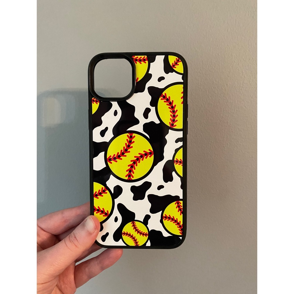 Softball Cow Print Phone Case iPhone 14 Plus Unisex Black Yellow Sporty Graphic